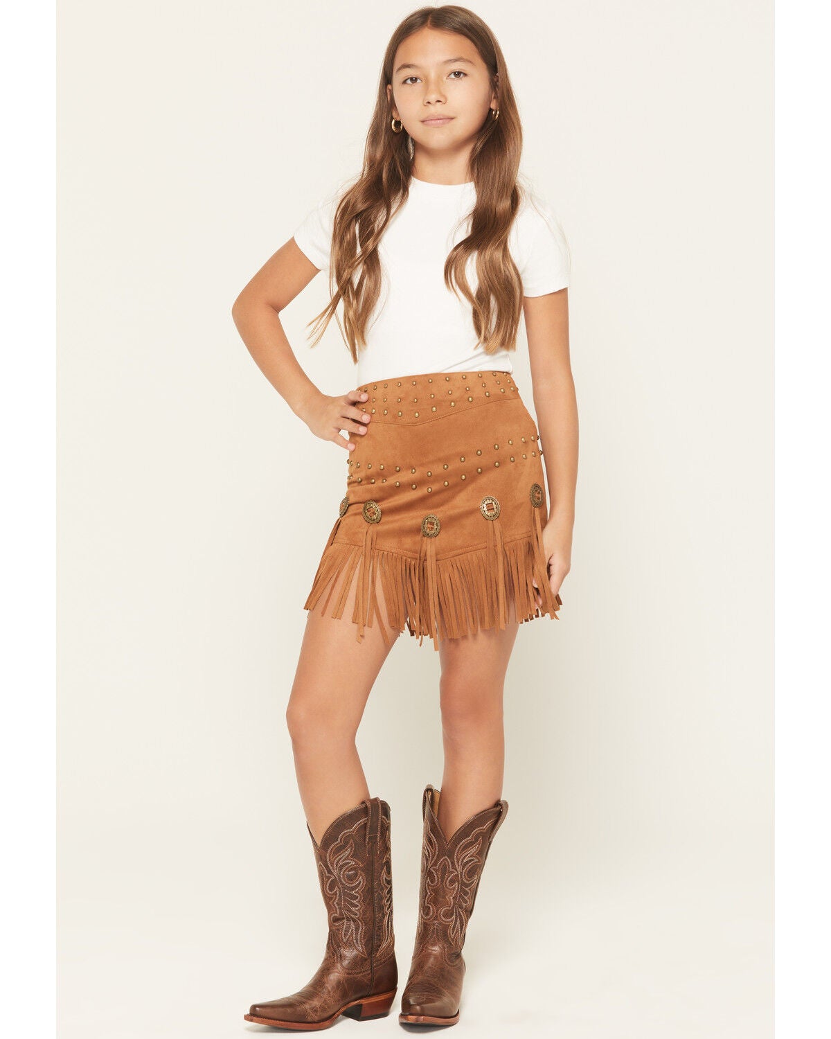 Fornia Girls' Faux Suede Fringe Skirt, Brown, hi-res
