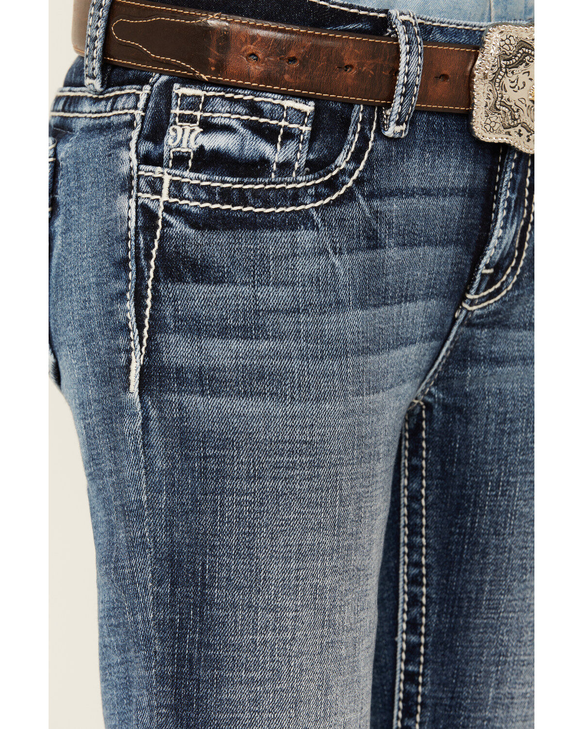 Image #4 - Miss Me Girls' Medium Wash Border Print Stretch Bootcut Jeans, Blue, hi-res