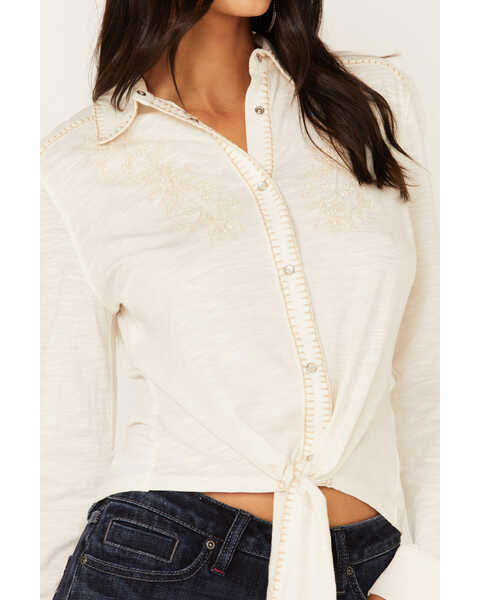 Image #2 - Idyllwind Women's Embroidered Tie Front Knit Long Sleeve Western Pearl Snap Shirt, Ivory, hi-res