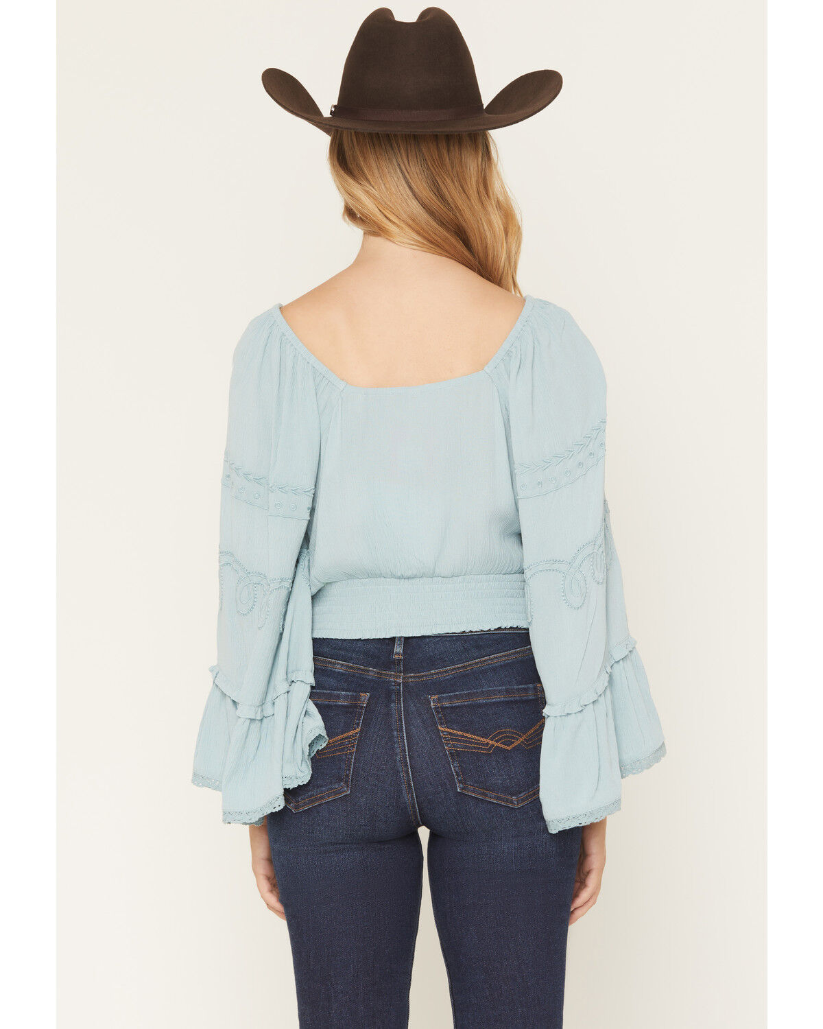 Image #4 - Shyanne Women's Pearl Embroidered Long Bell Sleeve Shirt, Aqua, hi-res