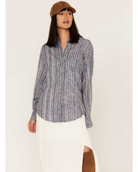 Cleo + Wolf Women's Novelty Stripe Button Down Long Sleeve Shirt, Blue, hi-res