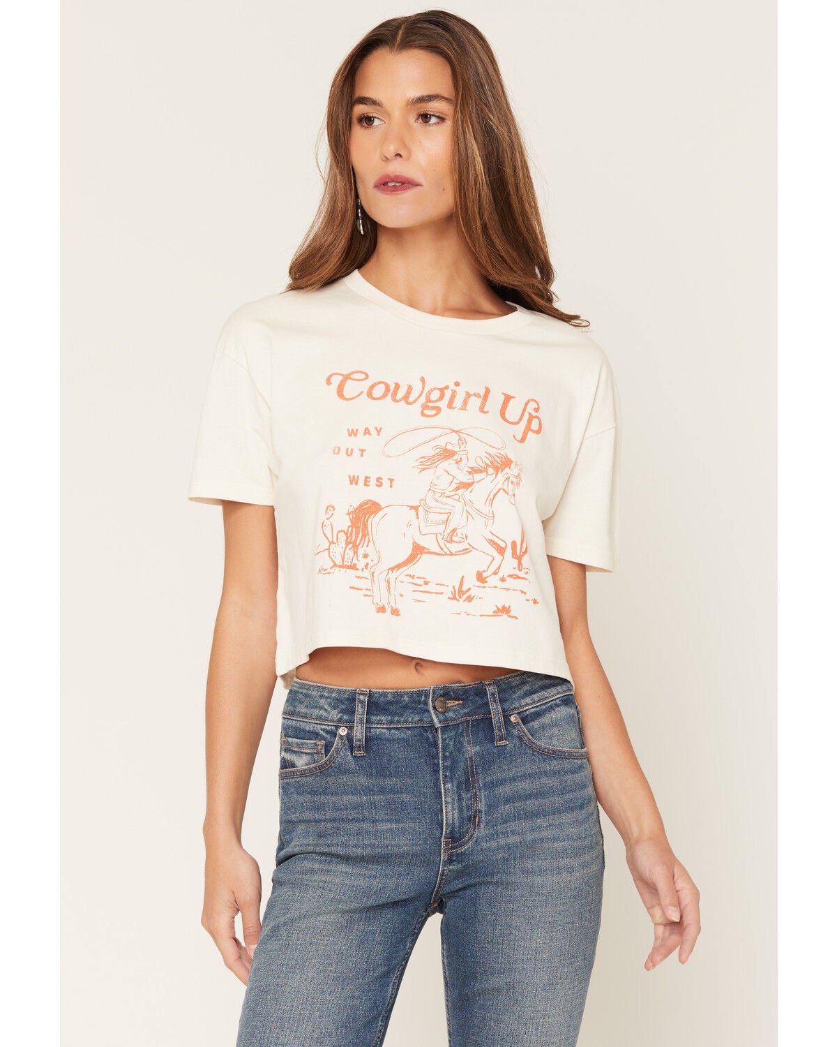 Image #1 - Cowgirl Up Women's Way Out West Short Sleeve Cropped Graphic Tee, Cream, hi-res