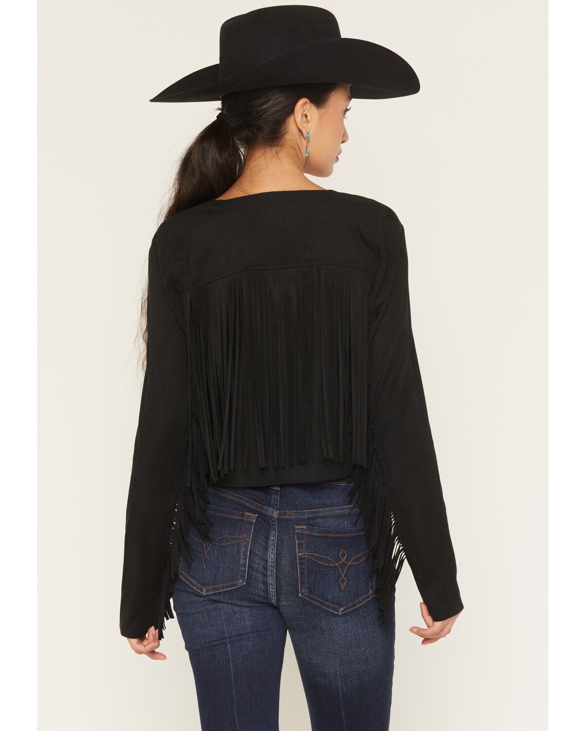 Image #4 - Shyanne Women's Fringe Faux Suede Cropped Jacket, Black, hi-res