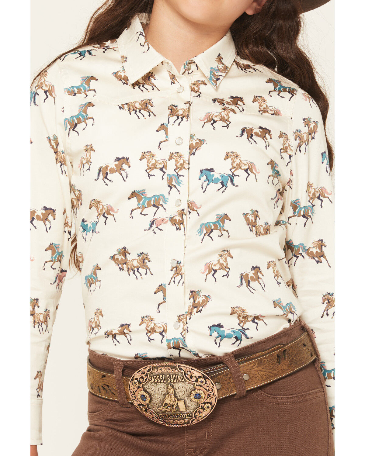 Image #3 - Shyanne Girls' Horse Print Long Sleeve Pearl Snap Stretch Western Shirt, Cream, hi-res