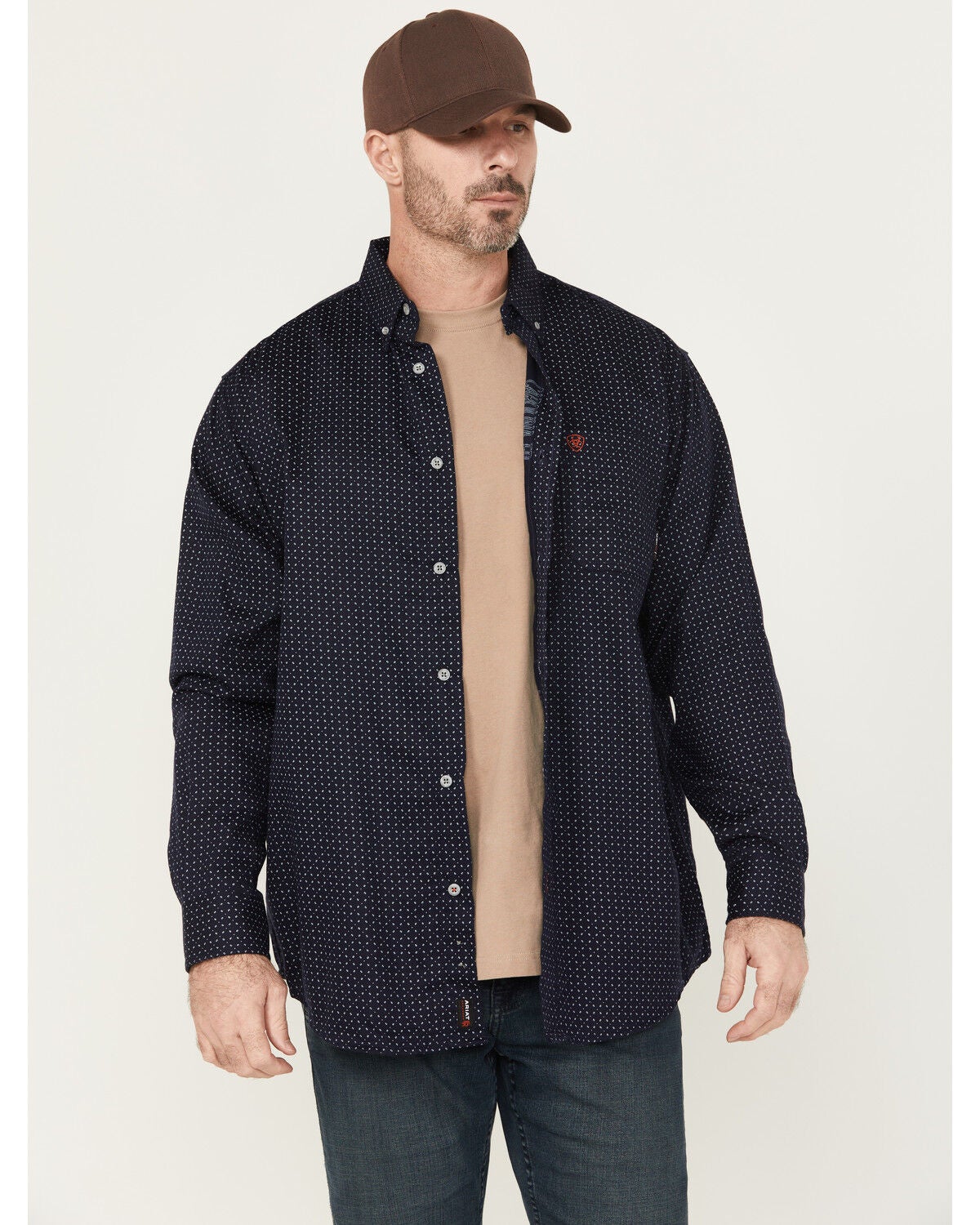 Ariat Men's FR Lever Printed Long Sleeve Button-Down Work Shirt, Navy, hi-res