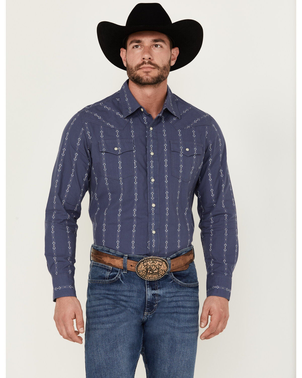 Wrangler Retro Men's Premium Linear Print Long Sleeve Snap Western Shirt, Blue, hi-res