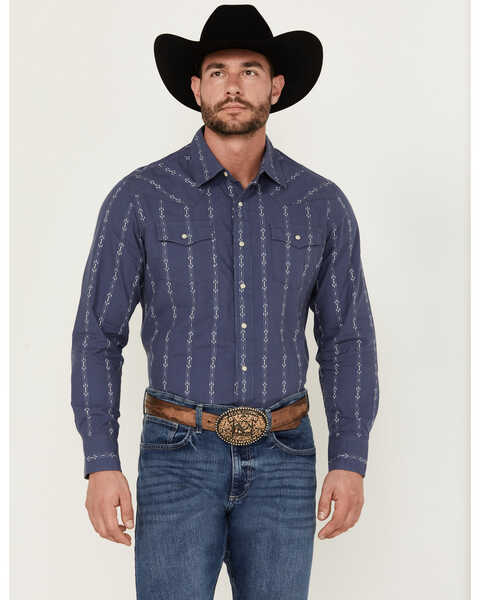 Wrangler Retro Men's Premium Linear Print Long Sleeve Snap Western Shirt , Blue, hi-res