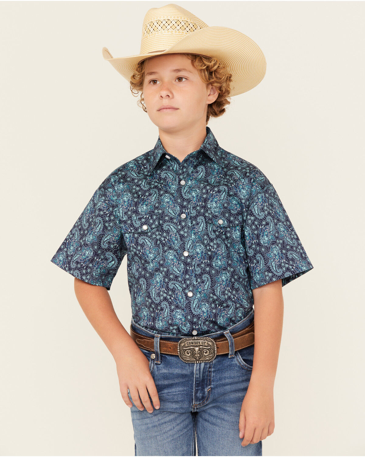 Image #1 - Panhandle Boys' Paisley Print Short Sleeve Snap Western Shirt, Blue, hi-res