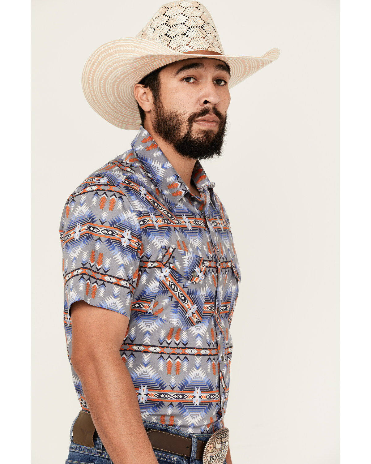 Image #2 - Rock & Roll Demin Men's Southwestern Print Short Sleeve Pearl Snap Stretch Western Shirt, Grey, hi-res