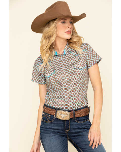 Image #1 - Rough Stock by Panhandle Women's Brown Geo Short Sleeve Western Shirt, , hi-res