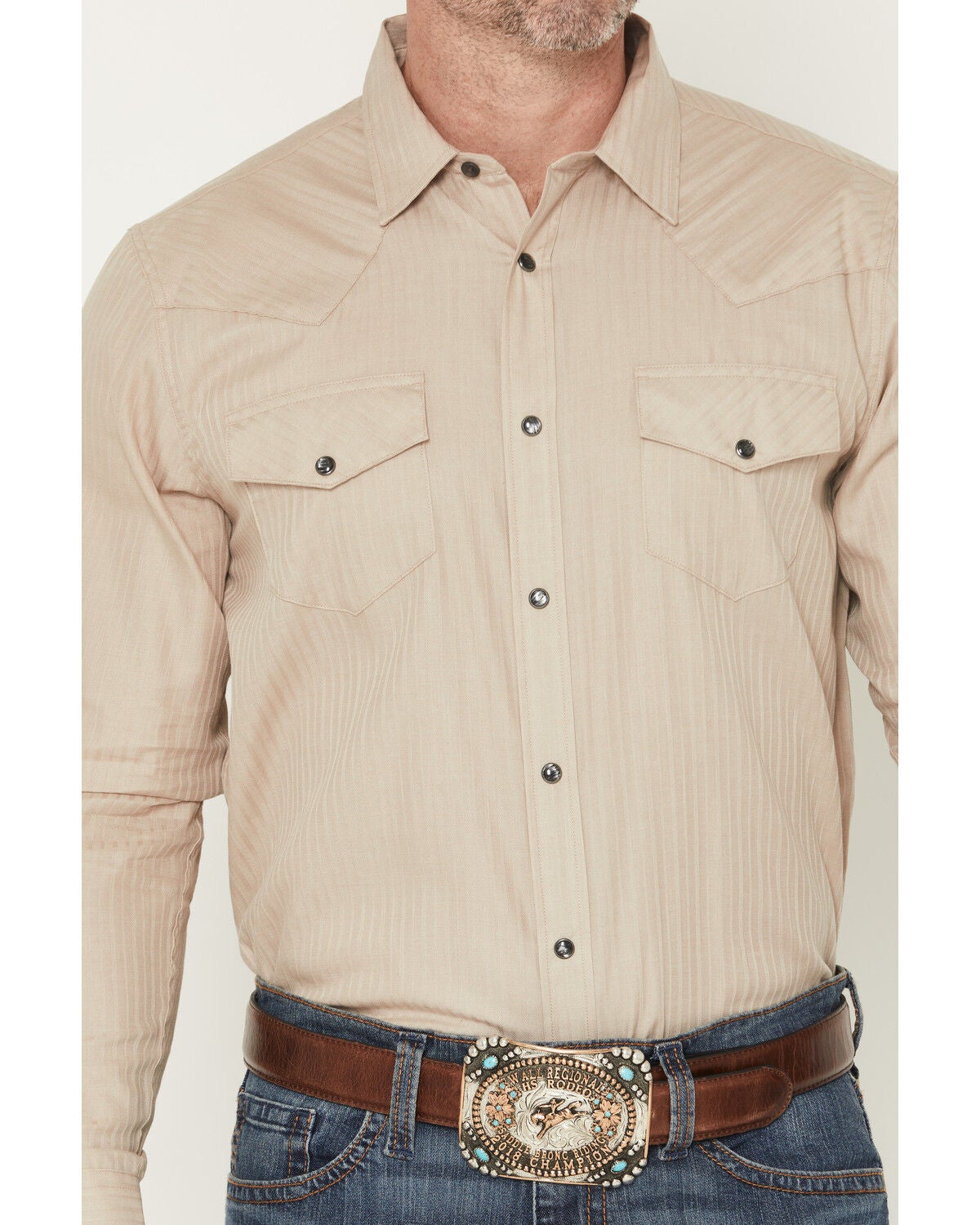 Image #3 - Gibson Trading Co Men's Southside Tonal Satin Striped Long Sleeve Snap Stretch Western Shirt, Taupe, hi-res