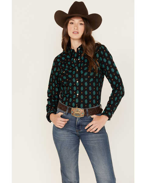 Wrangler Women's Southwestern Geo Print Long Sleeve Snap Western Shirt, Black, hi-res