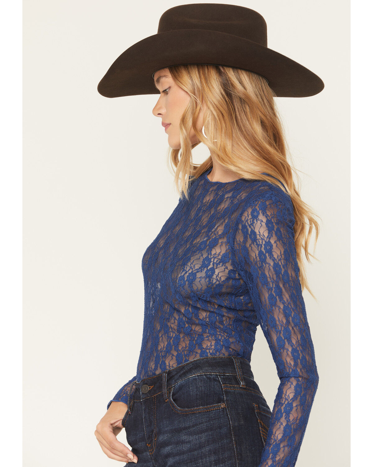 Image #2 - Ash & Violet Women's Solid Lace Long Sleeve Sheer Shirt, Blue, hi-res