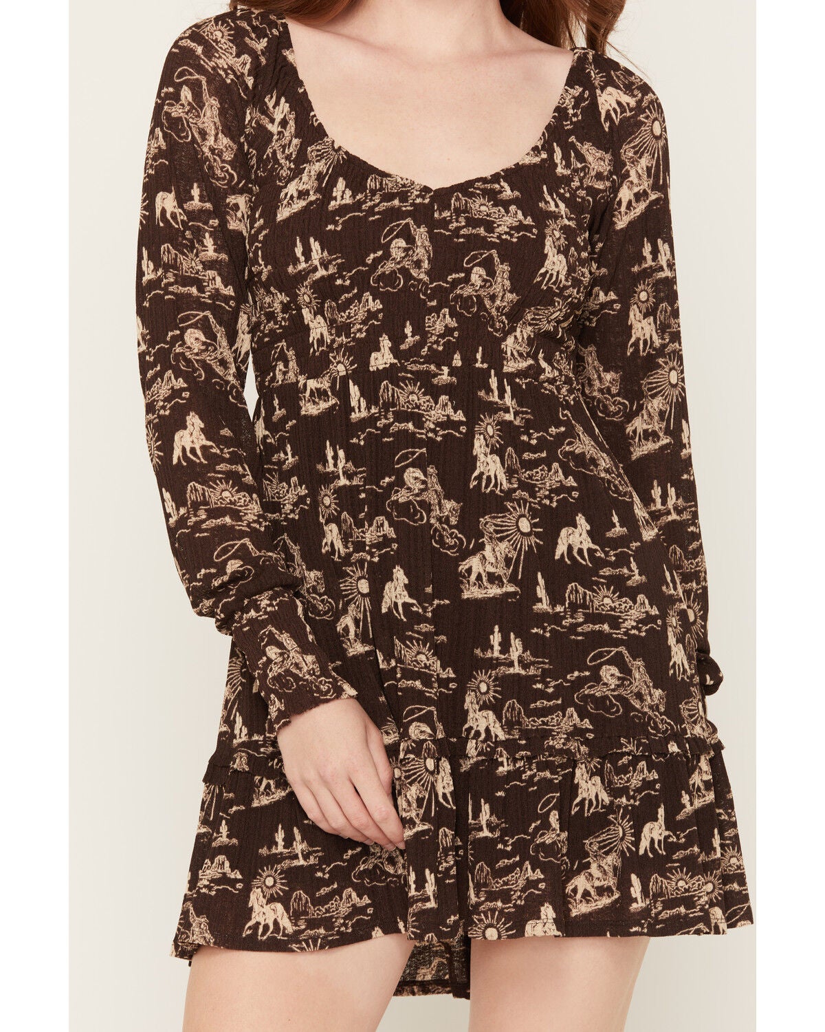 Image #3 - Idyllwind Women's Aldrich Conversation Print Long Sleeve Mini Dress, Dark Brown, hi-res