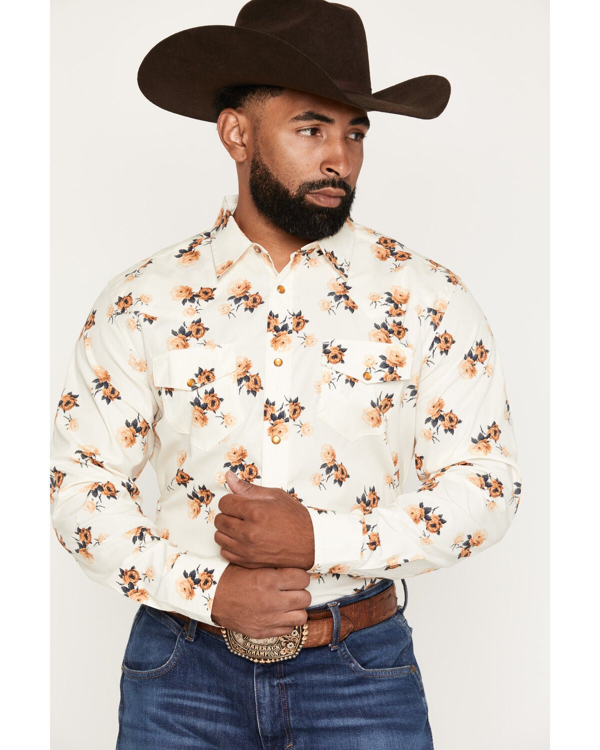 Gibson Trading Co Men's Two Steppin' Floral Print Long Sleeve Pearl Snap Western Shirt, Cream, hi-res