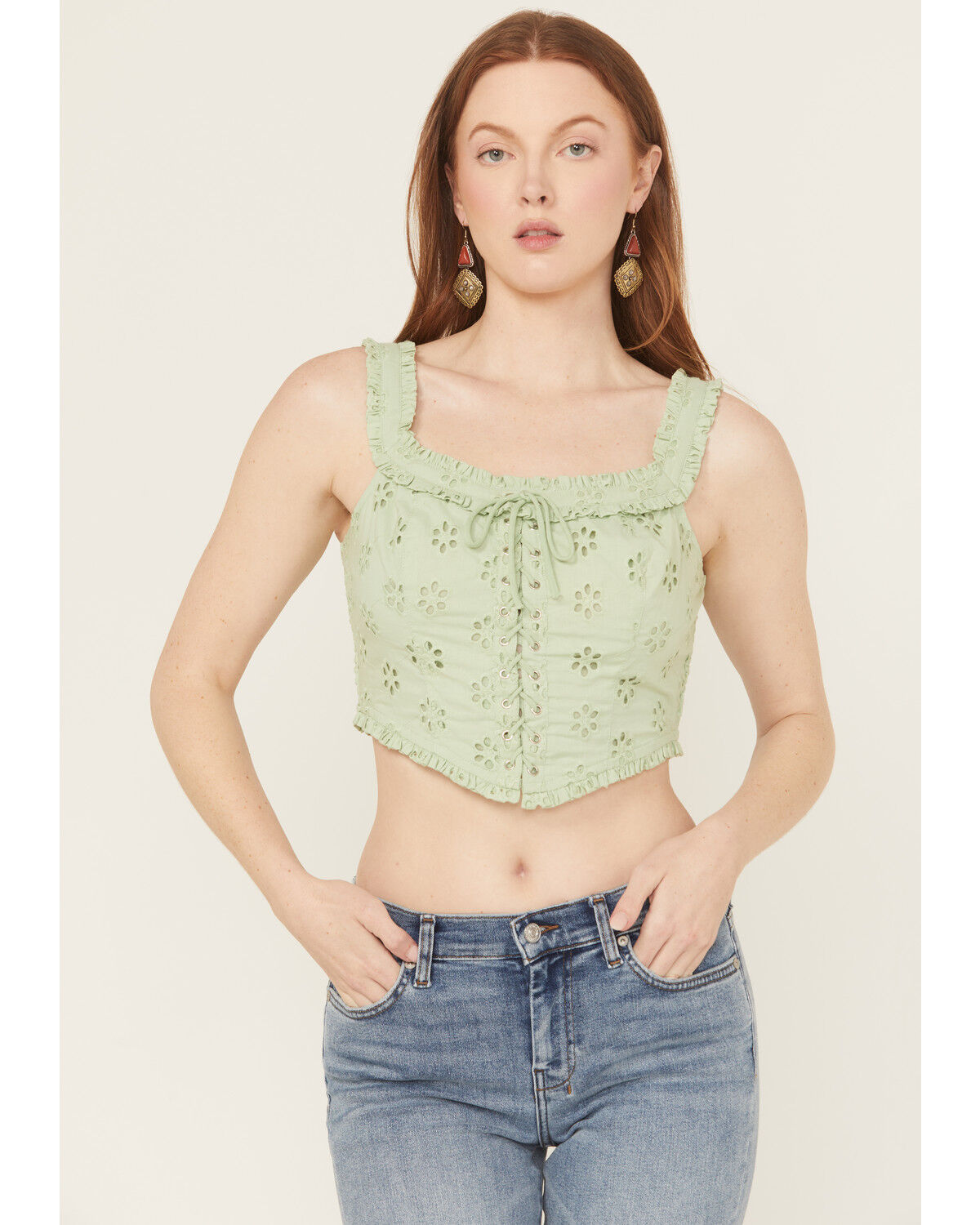 Image #1 - Rock & Roll Denim Women's Sleeveless Eyelet Corset Style Top, Jade, hi-res