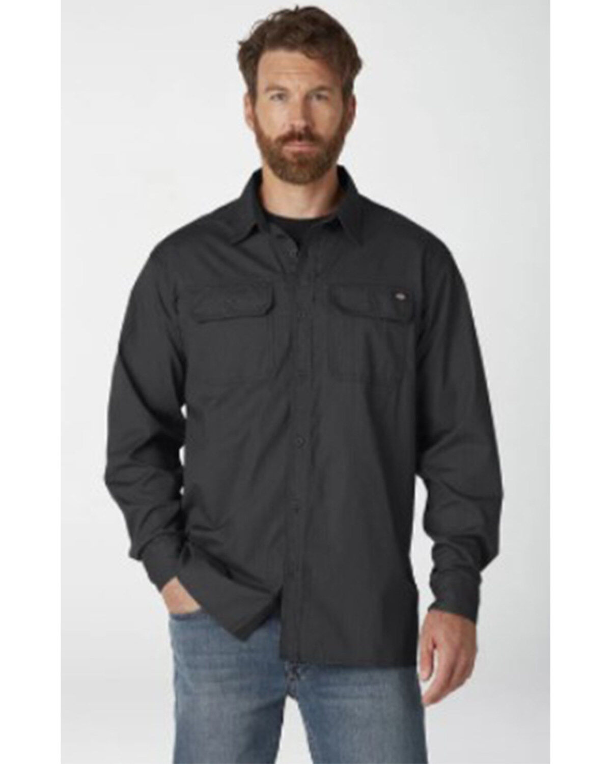 Image #1 - Dickies Men's Rinsed Black Ripstop Long Sleeve Button Down Work Shirt, , hi-res