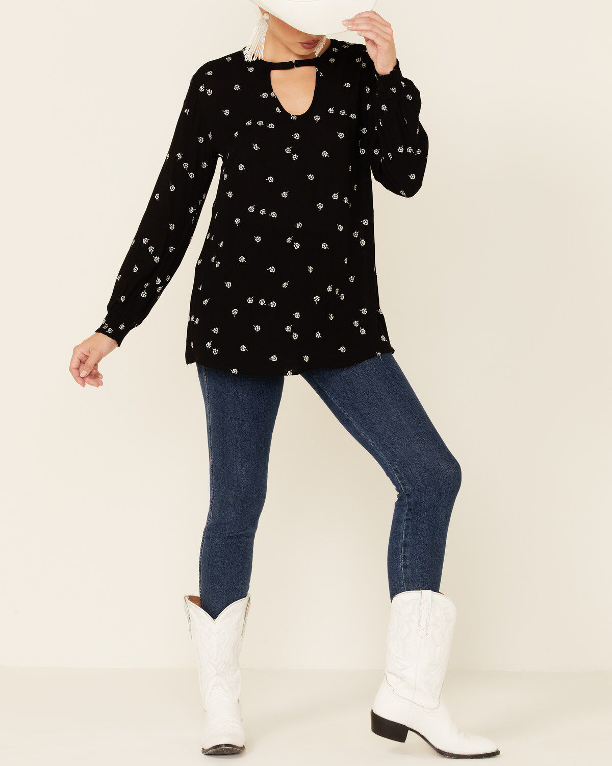 Image #2 - Shyanne Women's Floral Print Long Sleeve Peasant Tunic, Black, hi-res