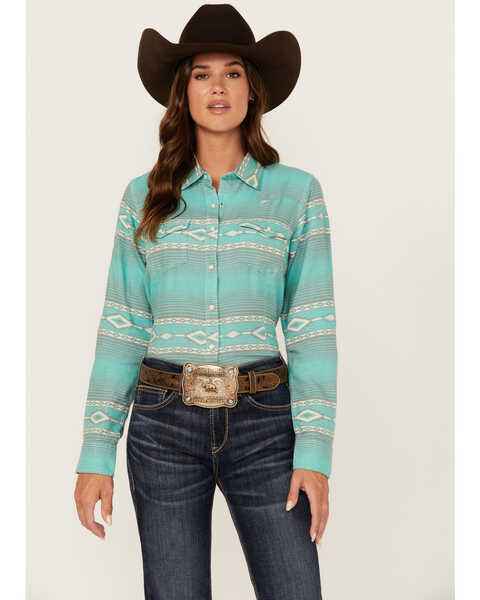 Ariat Women's R.E.A.L Jadeite Jacquard Southwestern Print Long Sleeve Snap Western Shirt , Turquoise, hi-res