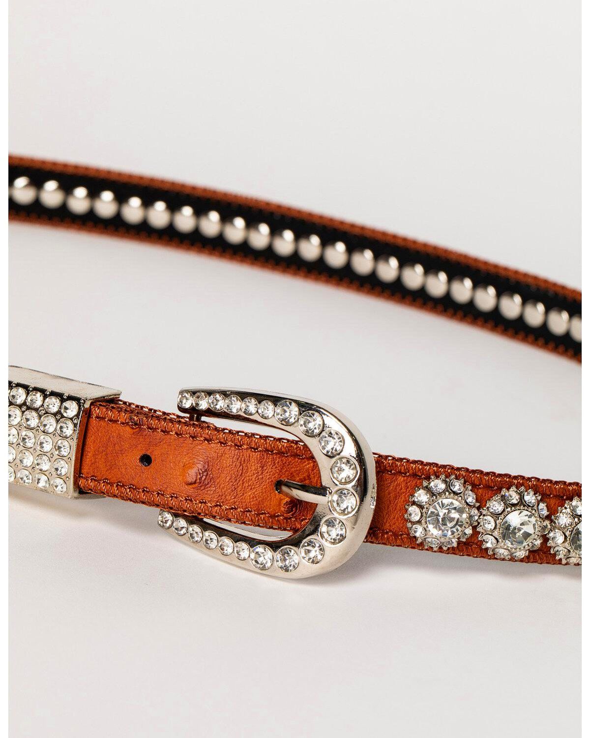 Shyanne&reg; Girl's Ostrich Print Rhinestone Belt, Brown, hi-res