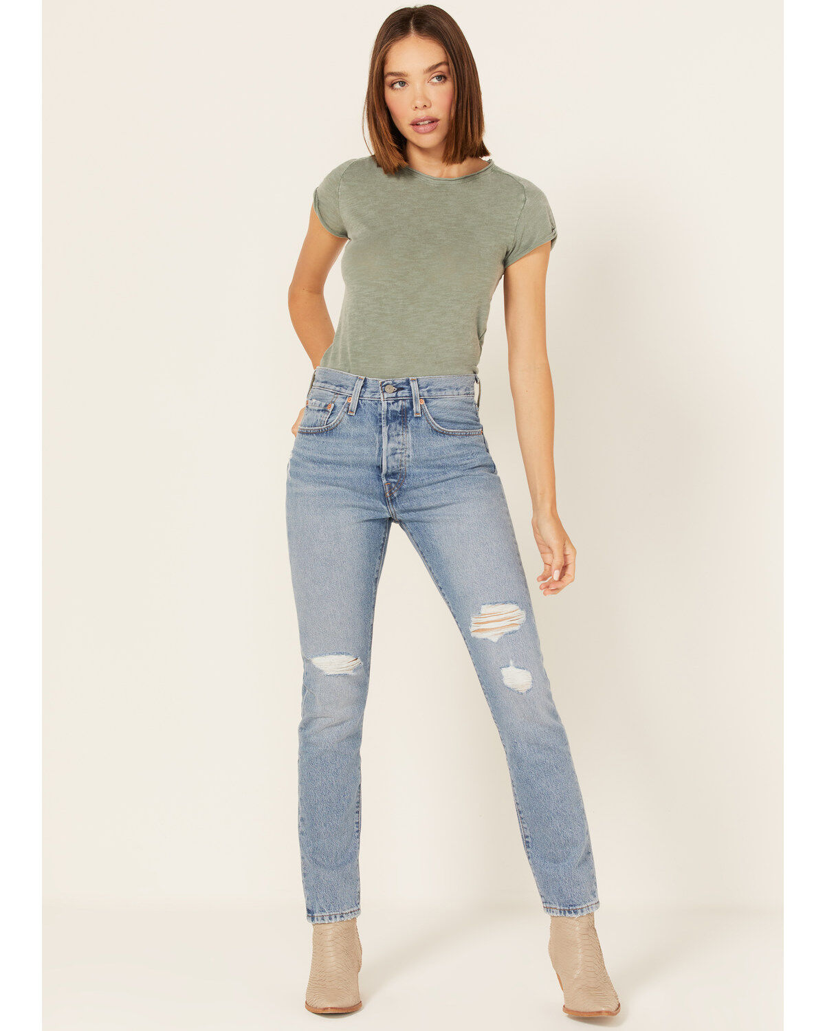 Image #1 - Levi's Women's 501 Medium Wash Mid Rise Distressed Skinny Jeans, Blue, hi-res