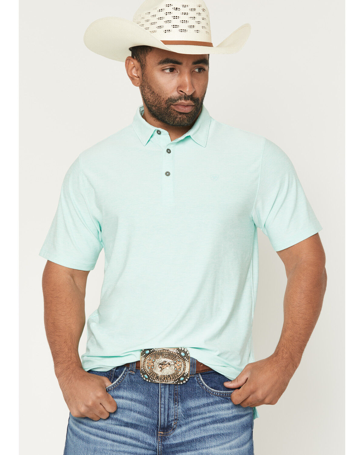 Image #1 - Ariat Men's Charger 2.0 Fitted Short Sleeve Button-Down Polo Shirt, Aqua, hi-res
