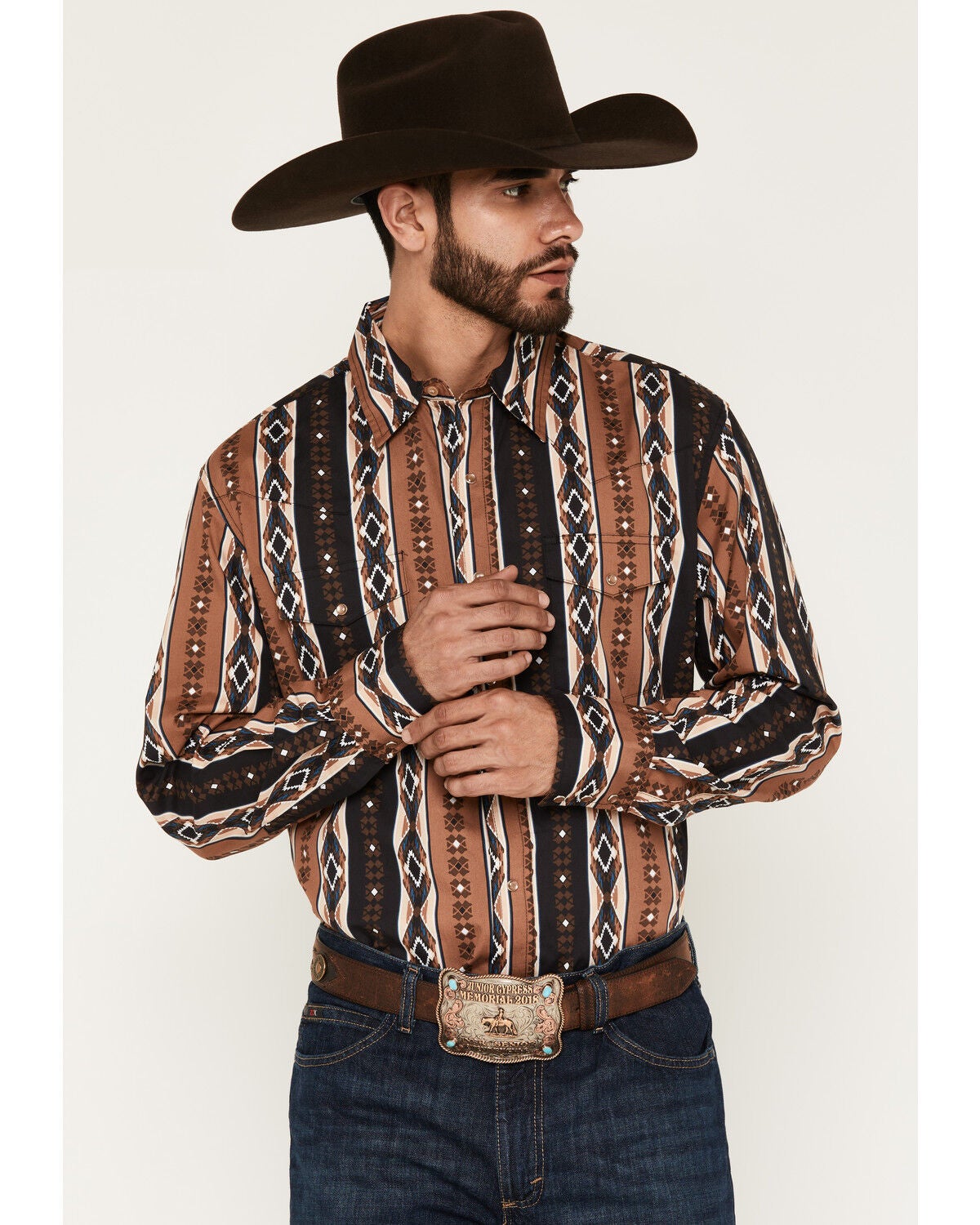 Image #1 - Wrangler Men's Checotah Southwestern Print Long Sleeve Snap Western Shirt, Brown, hi-res