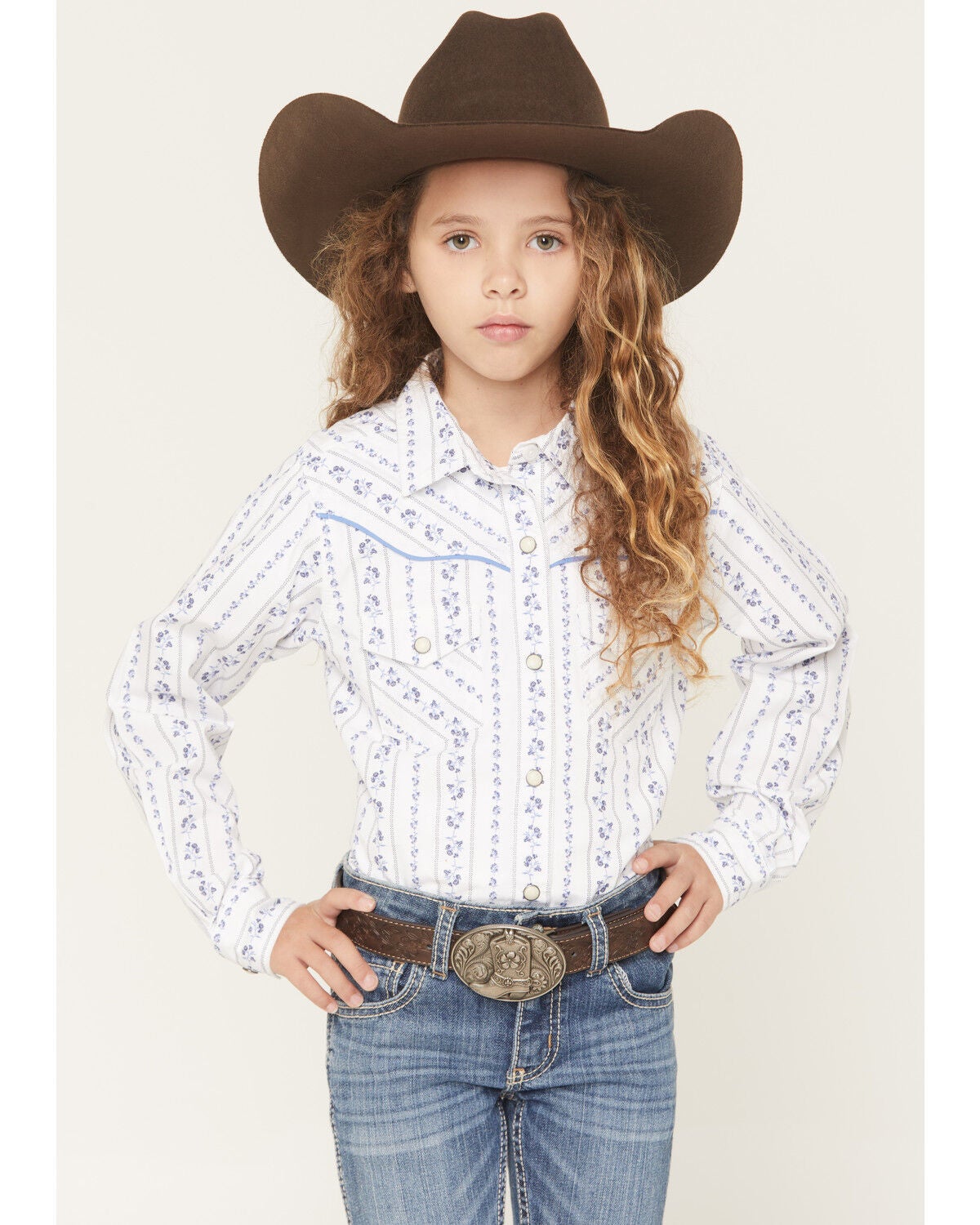 Ariat Girls' Grace Floral Striped Print Long Sleeve Snap Western Shirt, White, hi-res