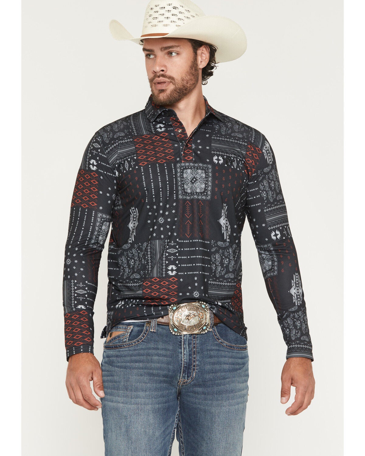 Image #1 - Cowboy Hardware Men's Southwestern Bandana Print Long Sleeve Snap Stretch Polo Shirt, Black, hi-res