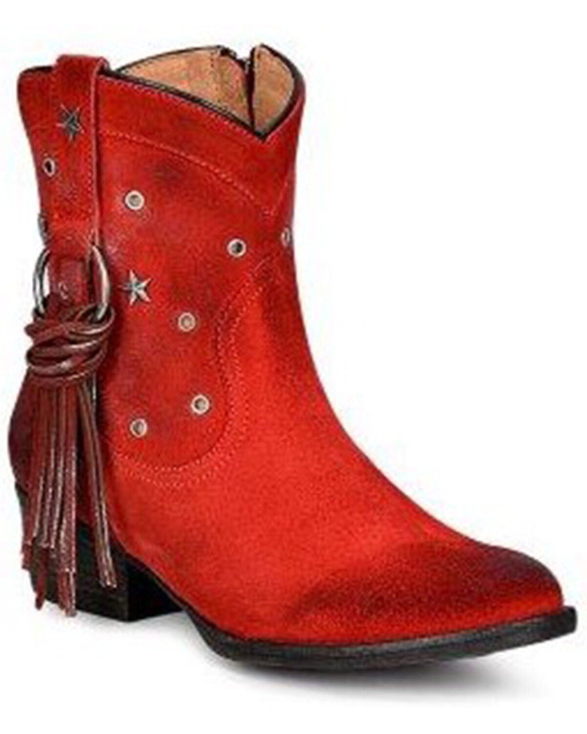 Circle G Women's Fringe Harness & Star Studded Booties - Round Toe, Red, hi-res