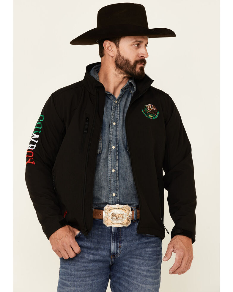 Cowboy Hardware Men's Black Mexico Flag Logo Sleeve Zip-Front Poly Shell Jacket , Black, hi-res