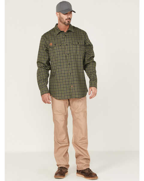Hawx Men's FR Plaid Print Woven Long Sleeve Button Down Work Shirt - Tall , Olive, hi-res