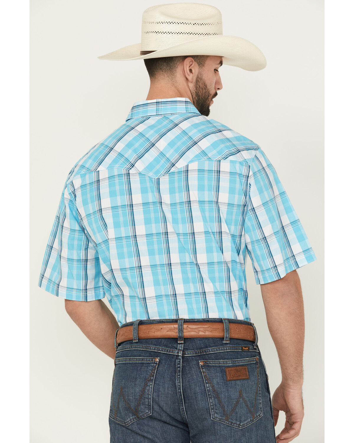 Image #4 - Wrangler Men's 20X Plaid Print Short Sleeve Snap Stretch Western Shirt - Tall, Turquoise, hi-res