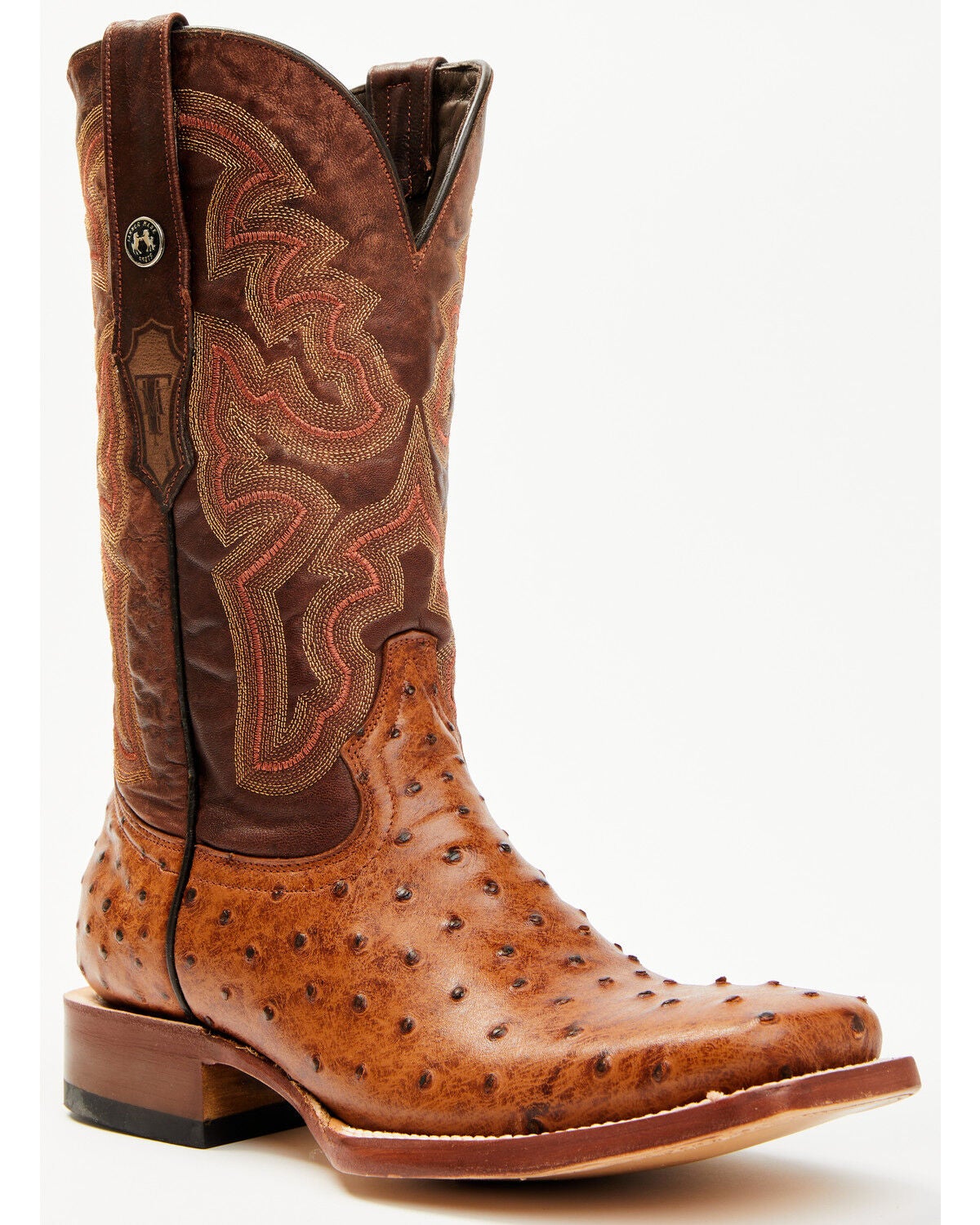 Tanner Mark Men's Ostrich Print Western Boots - Broad Square Toe, Cognac, hi-res
