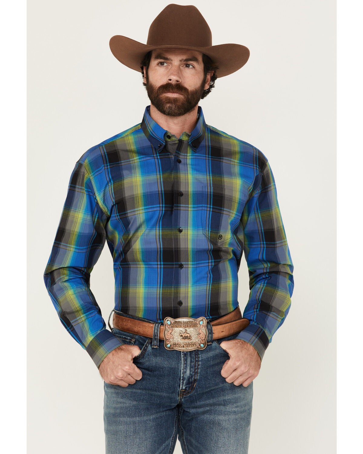 Roper Men's Amarillo Plaid Print Long Sleeve Button-Down Western Shirt, Blue, hi-res