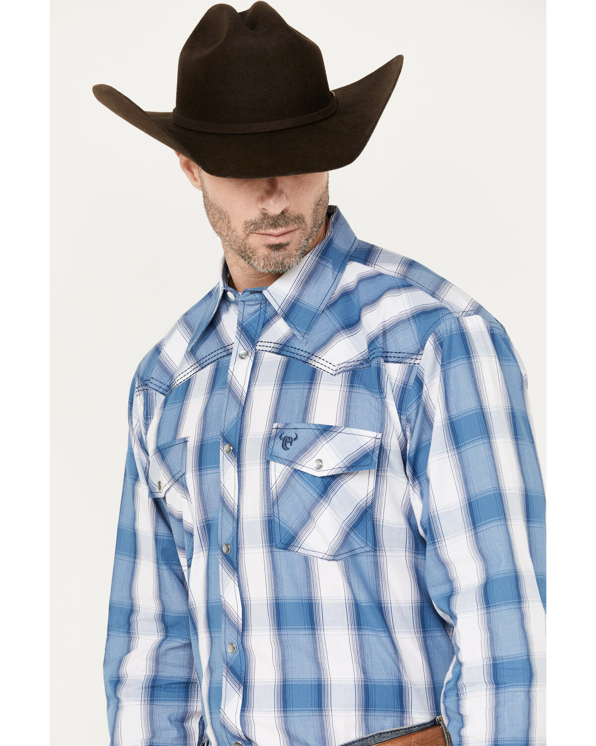 Image #2 - Cowboy Hardware Men's Hombre Plaid Print Long Sleeve Pearl Snap Western Shirt, Blue, hi-res