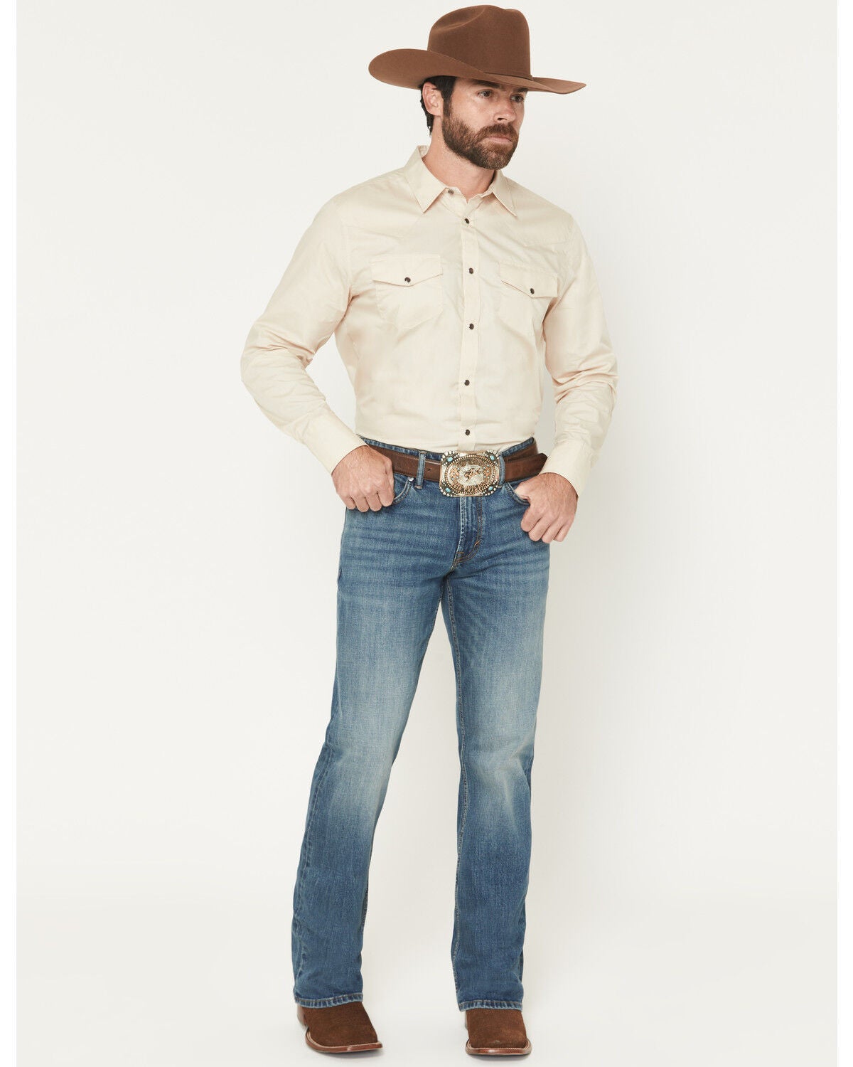 RANK 45&reg; Men's Roughstock Roadrunner Wash Brock Relaxed Bootcut Performance Stretch Denim Jeans, Medium Wash, hi-res