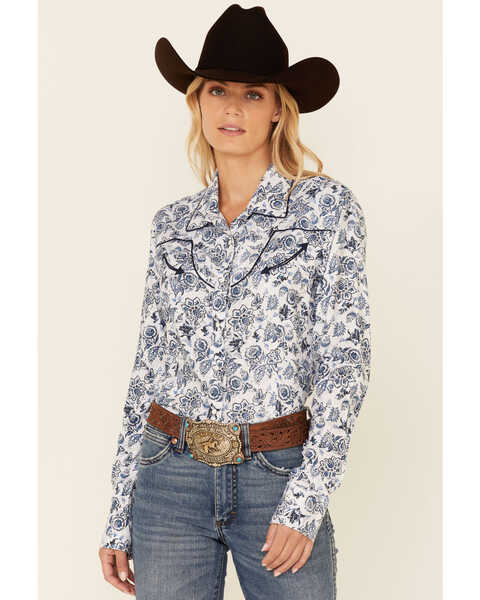 Panhandle Women's Floral Print Long Sleeve Snap Western Core Shirt , Blue, hi-res