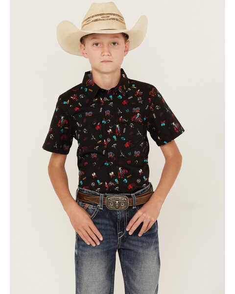Cody James Boys' Sheriff Conversation Print Short Sleeve Snap Western Shirt  , Black, hi-res