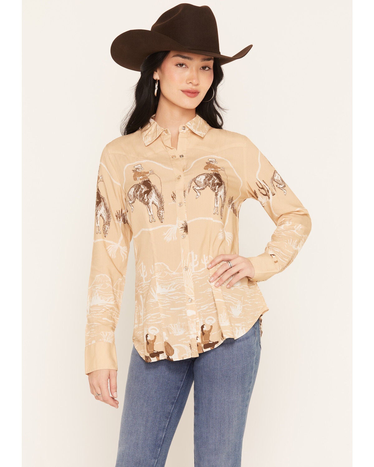 Lovlei Ranch Women's Cheyenne Cowboy Up Long Sleeve Pearl Snap Western Shirt, Tan, hi-res