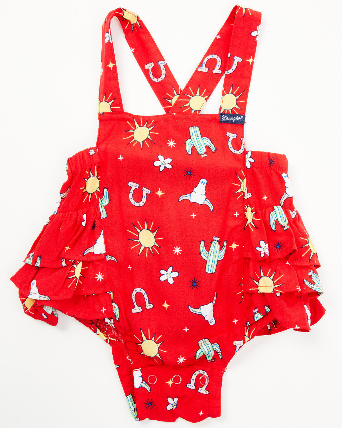 Image #1 - Wrangler Infant Girls' Conversation Print Ruffle Overalls, Red, hi-res