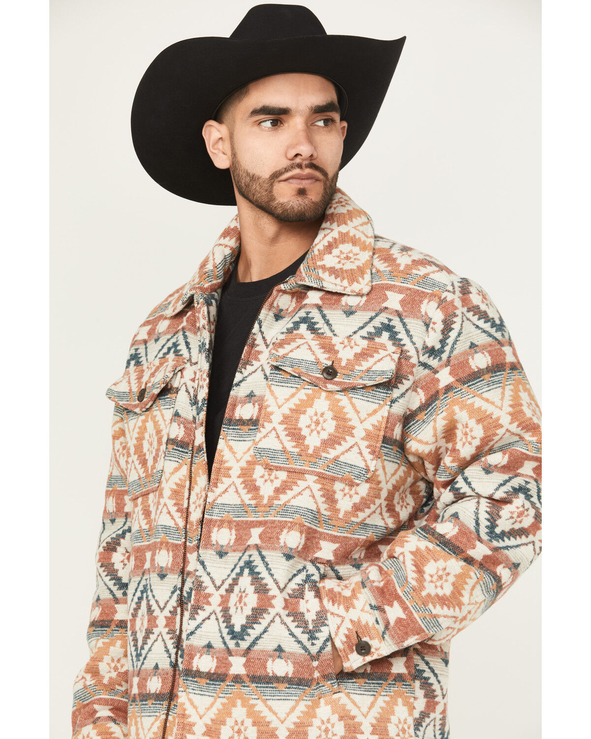 Image #2 - Cripple Creek Men's Southwestern Print Sherpa Lined Blanket Shirt Jacket, Cream/red, hi-res