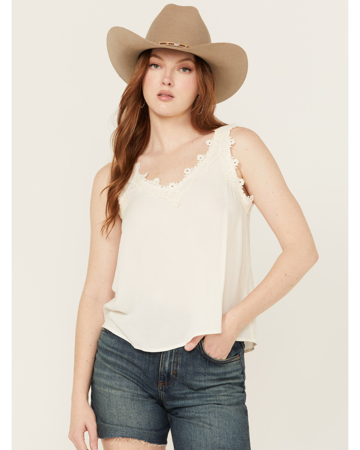 Image #1 - Eyeshadow Women's Lace Trim Tank Top, Ivory, hi-res