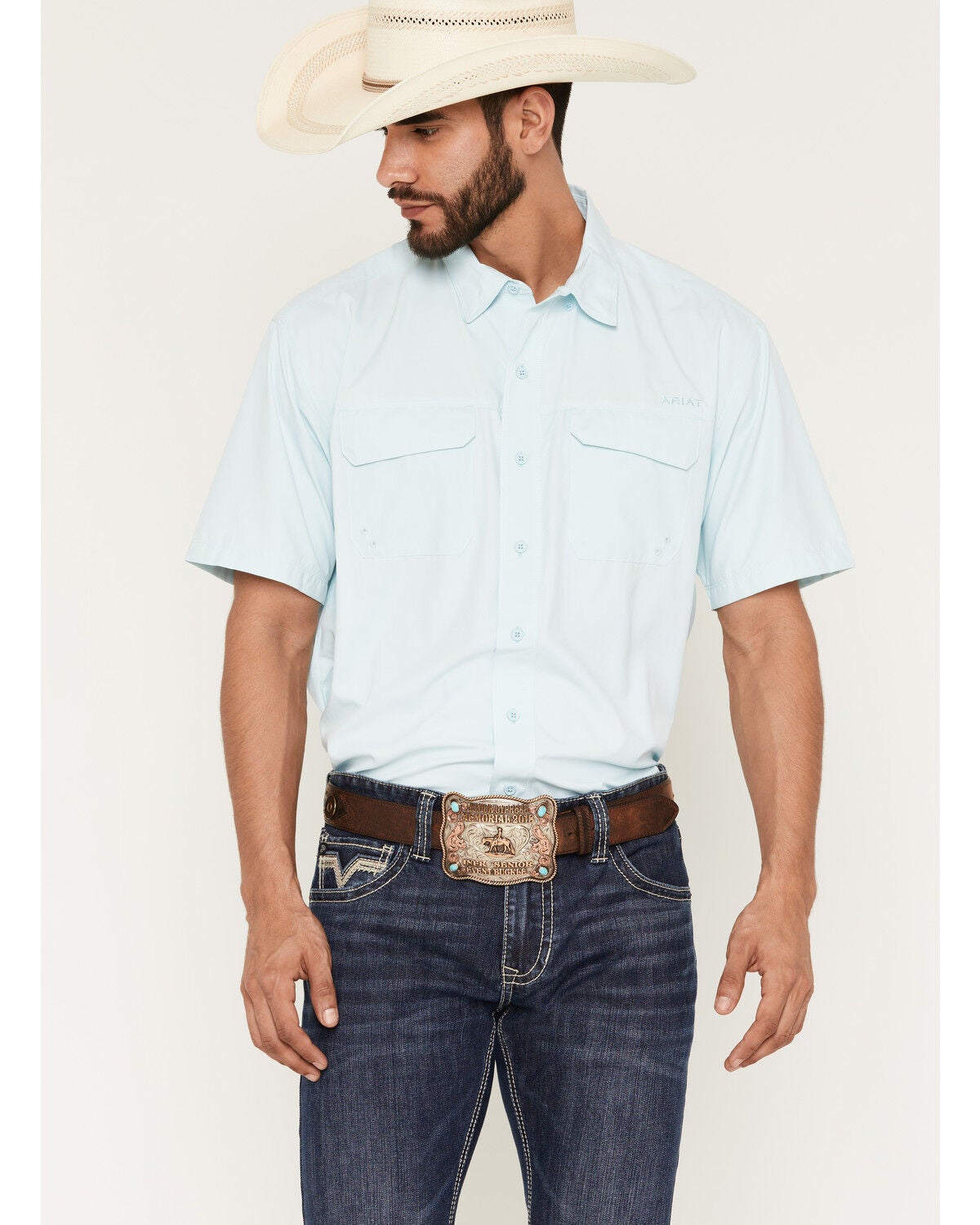 Image #1 - Ariat Men's VentTEK Outbound Solid Short Sleeve Button-Down Western Shirt, Aqua, hi-res