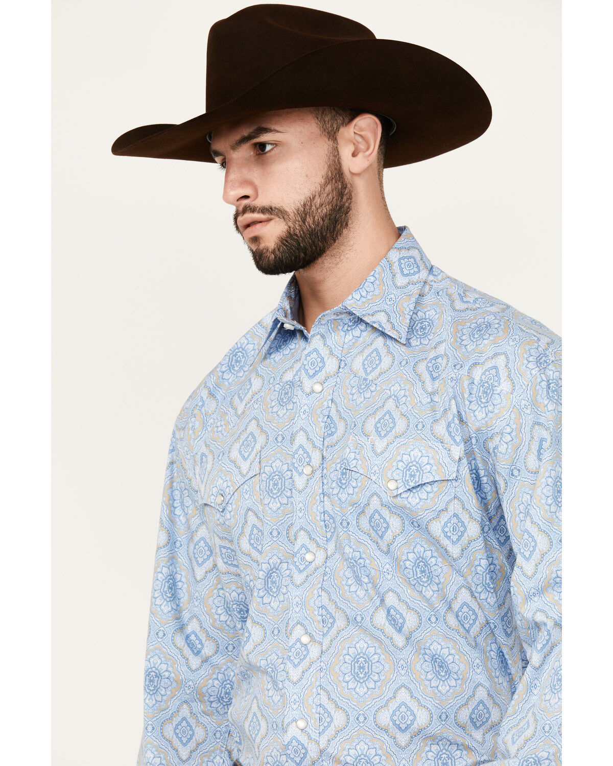Image #2 - Stetson Men's Medallion Print Long Sleeve Pearl Snap Western Shirt, Blue, hi-res