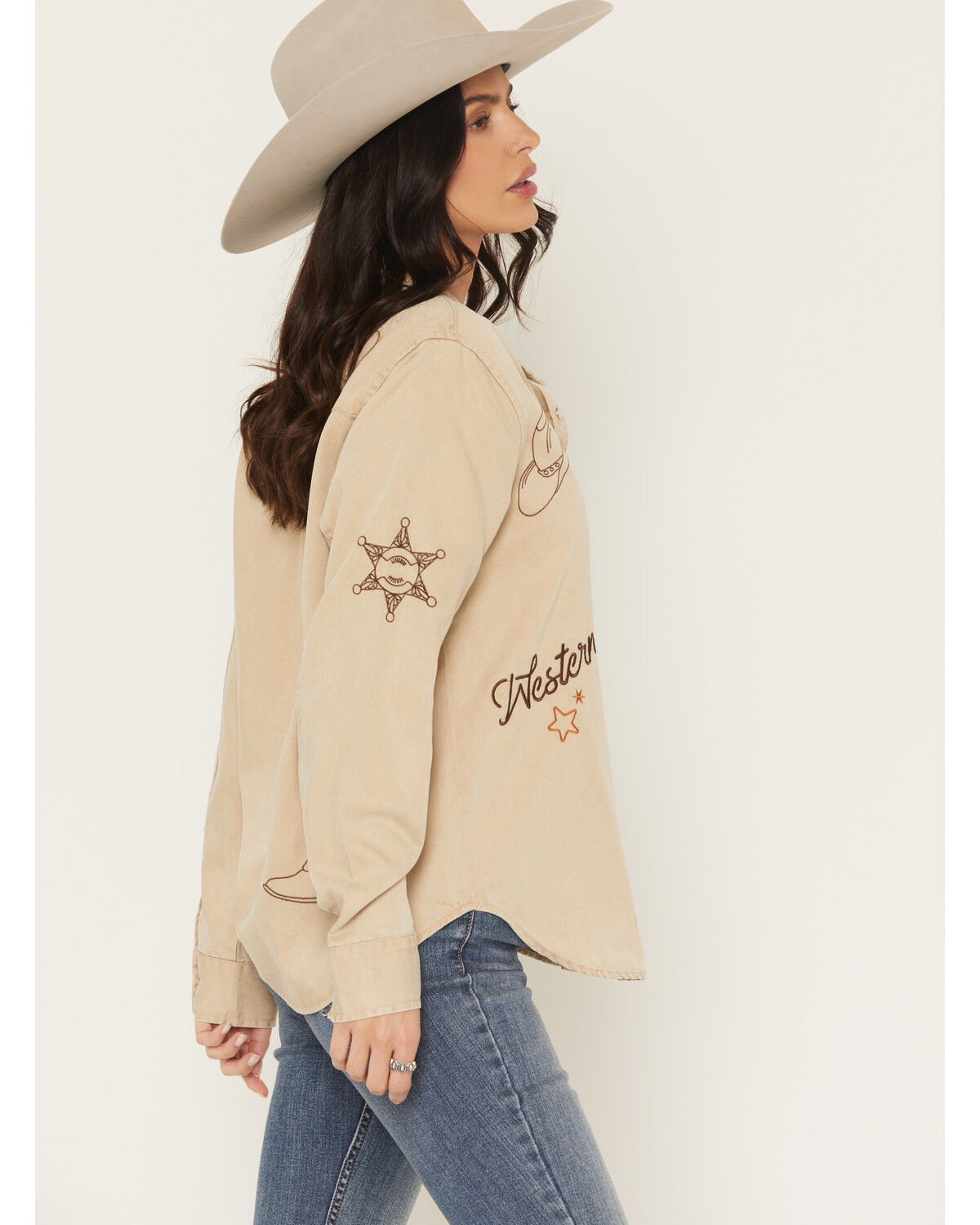 Image #2 - Blue B Women's Western Embroidered Long Sleeve Pearl Snap Western Shirt, Taupe, hi-res