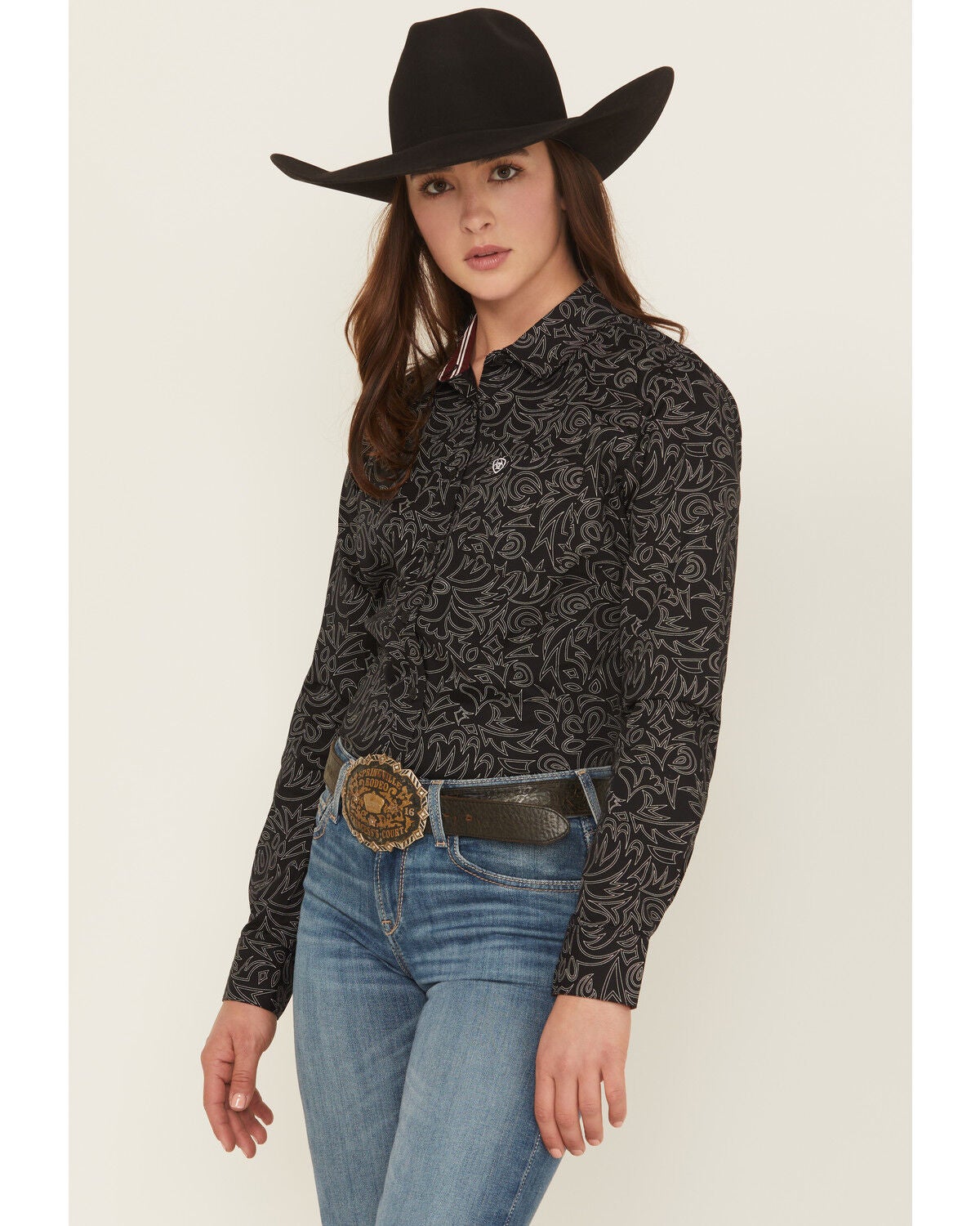 Ariat Women's Boot Stitch Kirby Long Sleeve Button-Down Stretch Western Shirt, Black, hi-res