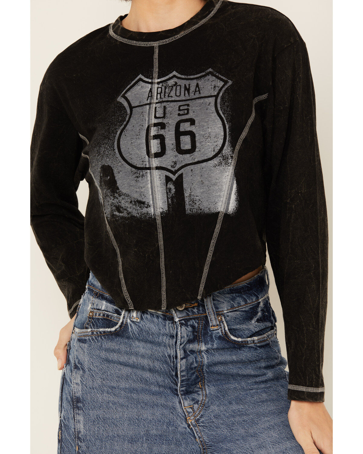 Image #3 - Youth In Revolt Women's Route 66 Seamed Long Sleeve Graphic Tee, Charcoal, hi-res