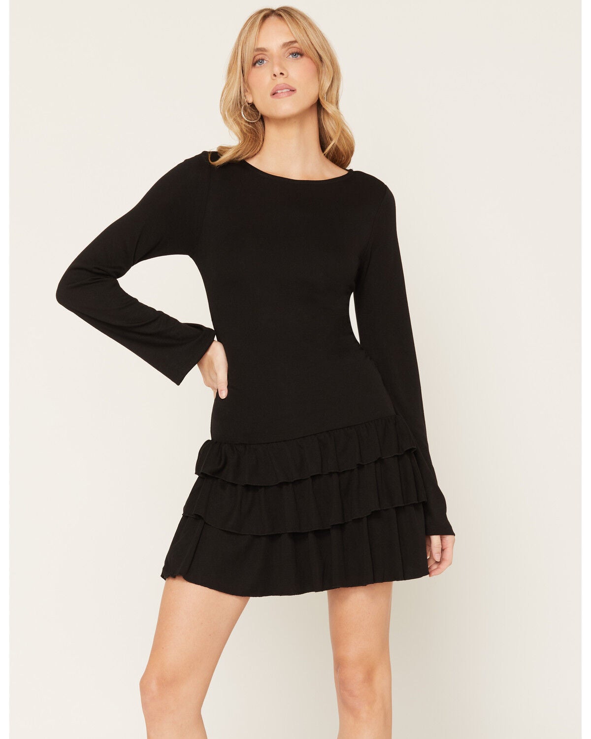 Image #1 - Cleo + Wolf Women's Drop Waist Tiered Knit Mini Dress, Black, hi-res