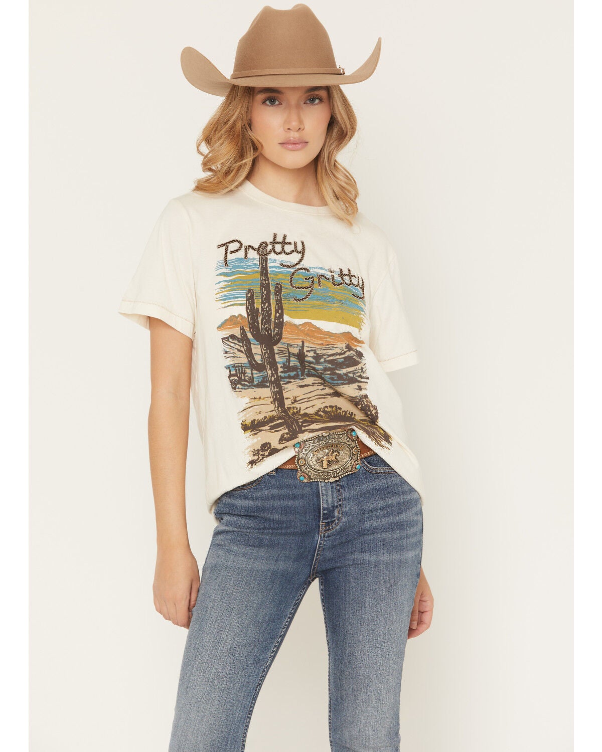 Shyanne Women's Pretty Gritty Embroidered Short Sleeve Graphic Tee, Cream, hi-res